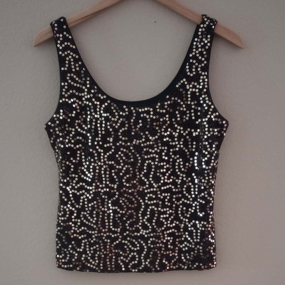Alex Evenings Women's Gold Sequin Black Scoop Neck Lined Tank Top, Size Large